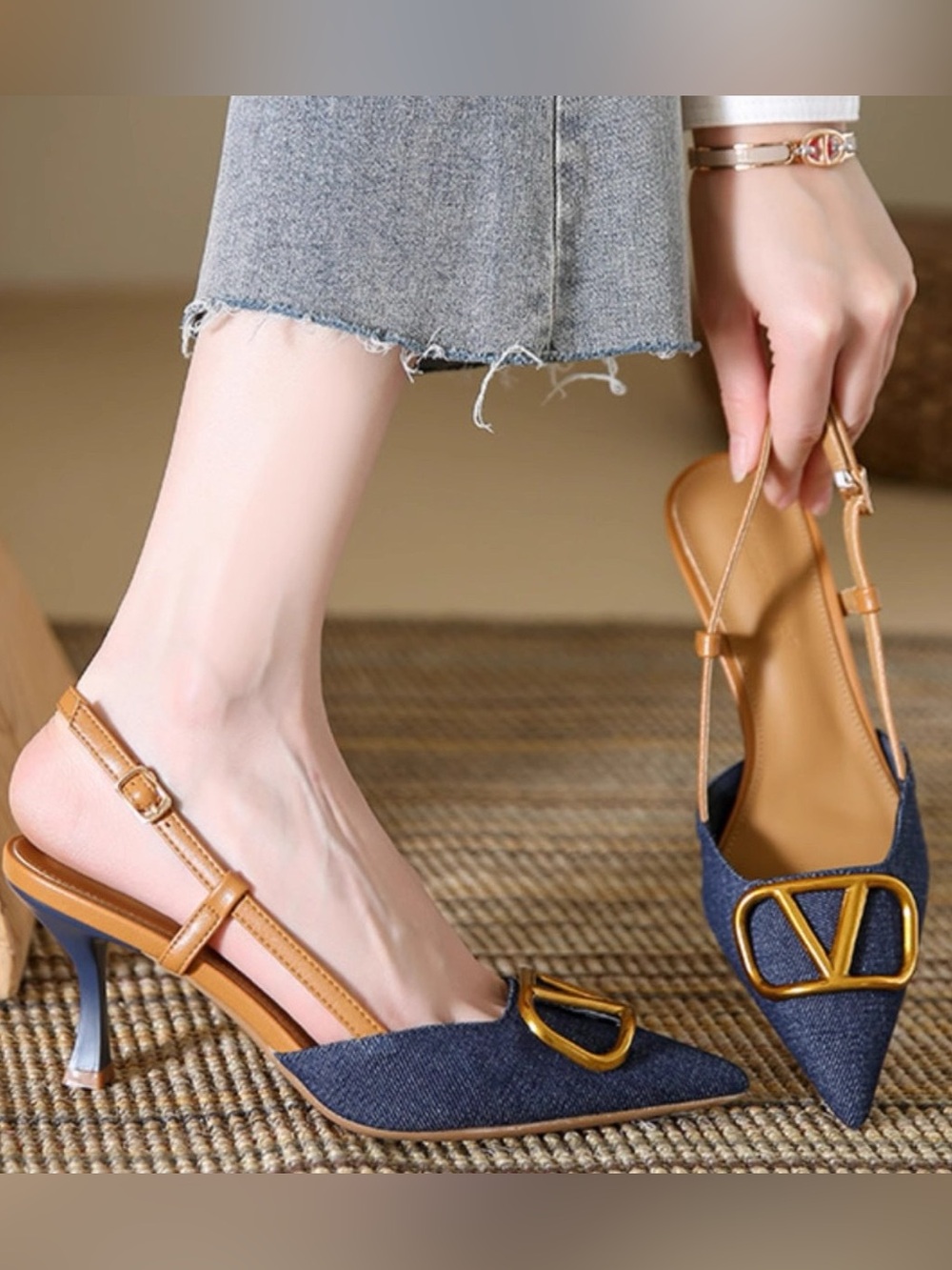 Denim Pointed Slingback Heels with Tan Straps and Gold Accent
